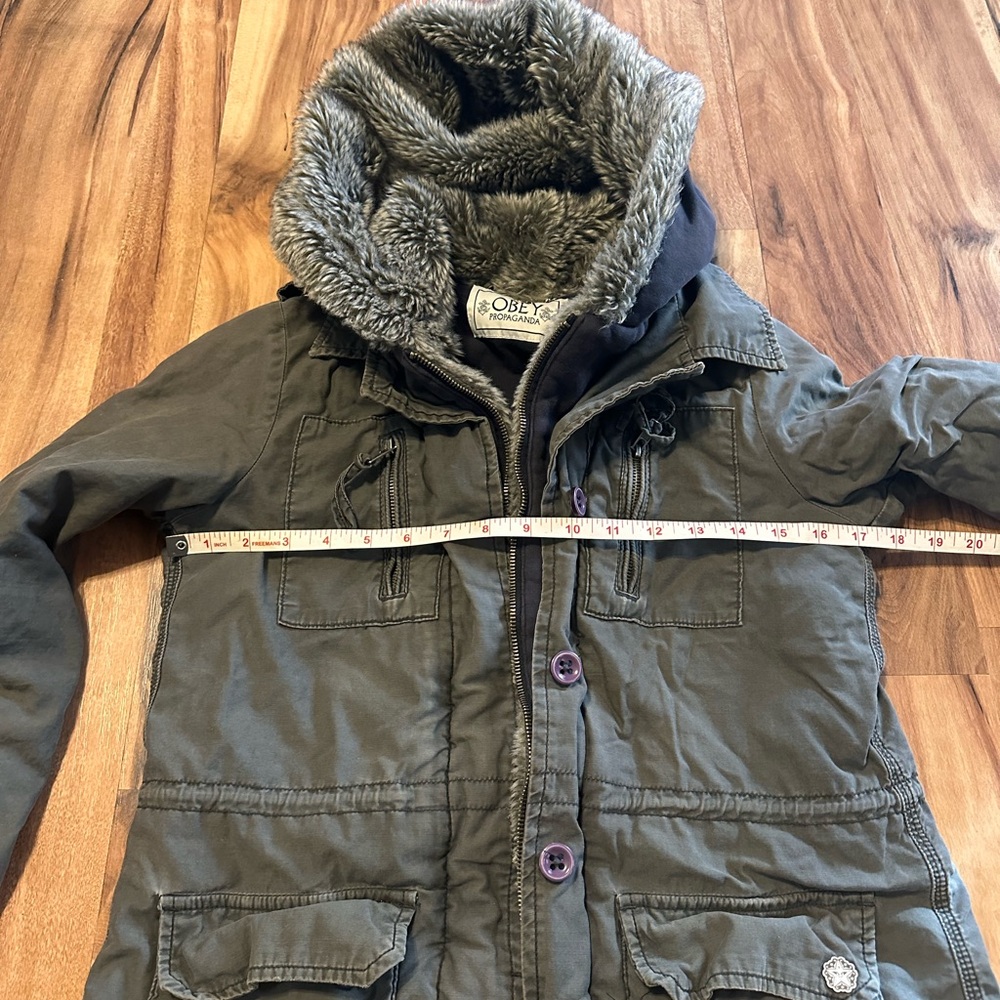 OBEY Propaganda Womens Small Y2K Hooded Faux Fur Lined Utility Parka Jacket - Picture 9 of 12